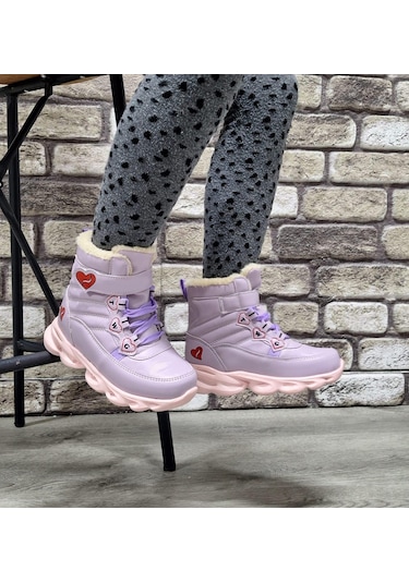 İçi Kürklü Kaydırmaz Kauçuk Taban Su Geçirmez Işıklı Çocuk Botu Lila