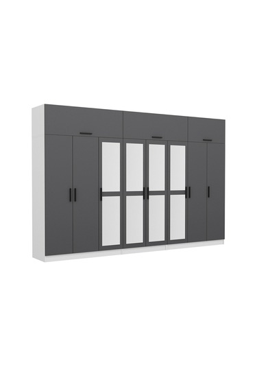 Minar Kale 8 Kapaklı 4 Aynalı 4 Ç Dolap Ve Yüklük Beyaz Antrasit 255cm