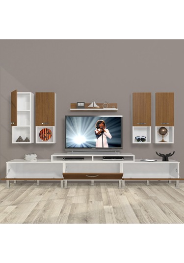 Decoraktiv Ekoflex 8da Slm Krom Ayaklı Tv Ünitesi Tv Sehpası Beyaz - Ceviz