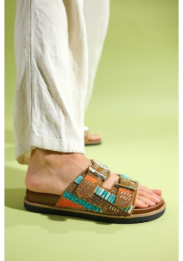 Luvishoes Lanso Taba Taşlı Çift Bantlı Kadın Terlik Taba