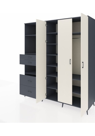 Kronos Dolap 12 Raflı 4 Çekmeceli Tek Askılı 220x59x243 Antrasit-aytaşı/antrasit Aytası/antrasıt