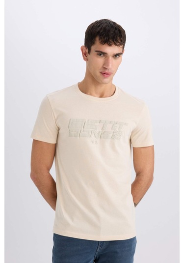 Defacto %100 Pamuk Slim Fit Dar Kesim Bisiklet Yaka Baskılı Kısa Kollu Tişört E0577ax25smbg155 Bej