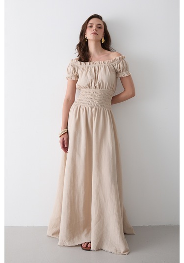 Natural Büzgülü Elbise - 2002 Bej