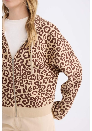 Defacto Coool Loose Fit Leopar Desenli Kapüşonlu Fermuarlı Sweatshirt E0780AX24WNBG389 Bej