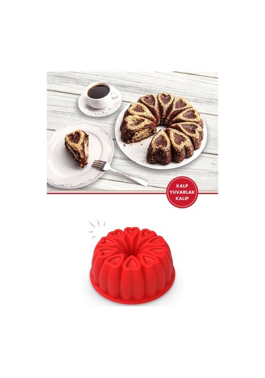 Kalp Desenli Yuvarlak Silikon Kek Kalıbı 23 Cm Kırmızı