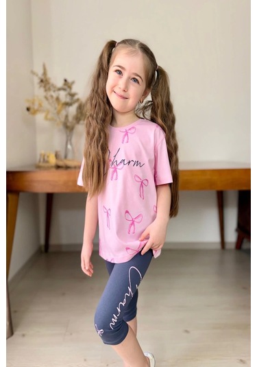 Fiyonk Desenli Kız Çocuk Pembe Renk Taytlı Takım Pembe
