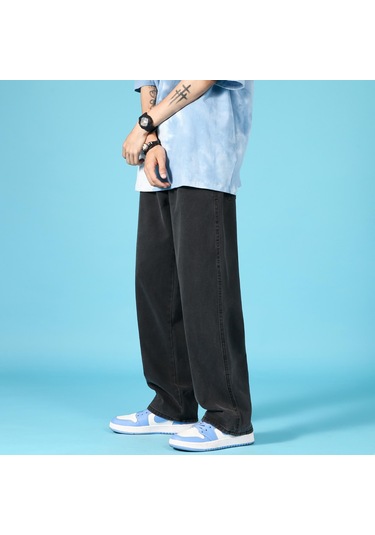 Erkek Gevşek Büyük Boy Günlük Kot Düz Tüp Zemin Paspas Erkek Pantolon Moda Trendi Erkek Pantolon Siyah