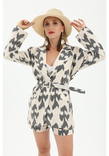 Kemerli Desenli Oversize Blazer Ceket - Siyah-siyah Siyah