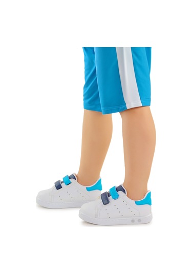 Kiko Kids Royzo Cırtlı Işıklı Erkek Bebek Spor Ayakkabı Beyaz - Mavi - Lacivert
