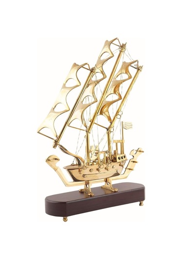 Pirinç Yelkenli Gemi Ahşap Kaideli Ev Ofis Dekorasyon 33cm