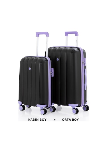 Mçs Bavul Orta Ve Kabin 2li Set Kırılmaz Silikon Valiz V305 Siyah/lila Siyah