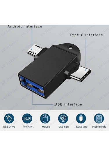 2 In 1 Usb Dişi To Micro Usb + Type-C Otg Adaptör