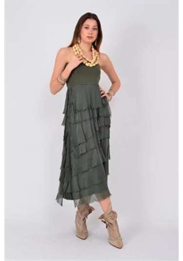 İtalyan 2 Beden Ince Gösteren Kat Kat Ipek Etek & Straplez Elbise Haki