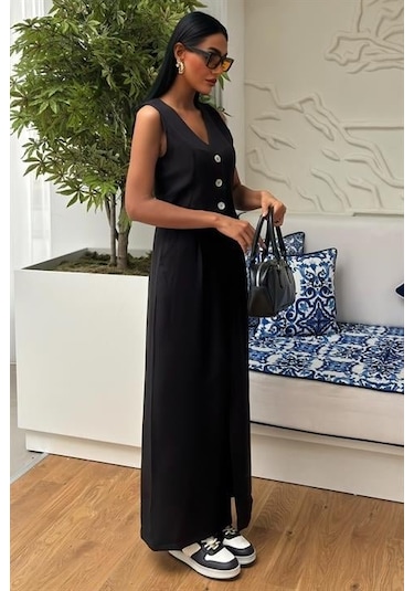 Moderie Butik Etek Yırtmaçlı Yelekli Keten Takım 10131 Si Yah