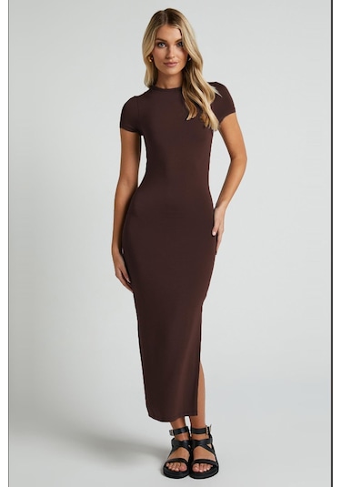 Madmext Kahverengi Basic Yarım Balıkçı Yırtmaçlı Uzun Elbise Mg1989-kahverengi Kahverengi