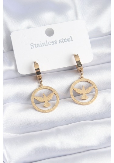 316l Çelik Gold Renk Kuş Model İşleme Detay Kadın Küpe Altın