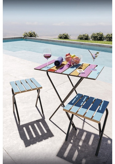 Bino Yükseklik Ayarlı Ahşap Bistro Set Kamp Masası Taburesi 3'lü Set Çok Renkli