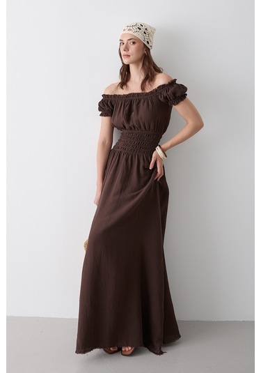Kahverengi Büzgülü Elbise - 2002 Kahverengi