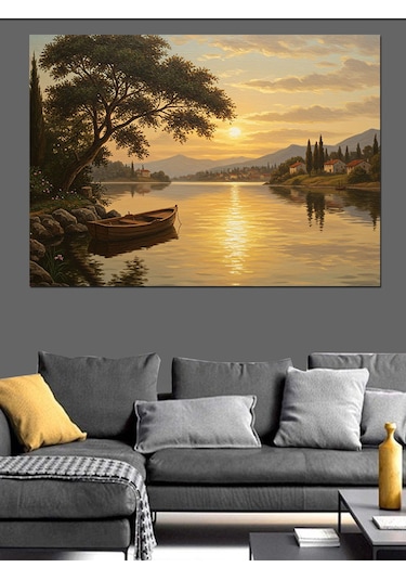 Sakin Göl Gün Batımı Dekoratif Kanvas - Mdf Ahşap Tablo