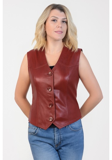 Derije Darla Hakiki Deri Kadın Kırmızı Yelek