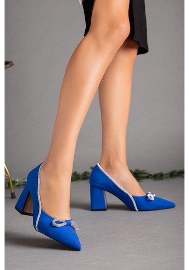 Saten Taşlı Kalın Topuk Mavi Kadın Stiletto-2031-Mavi