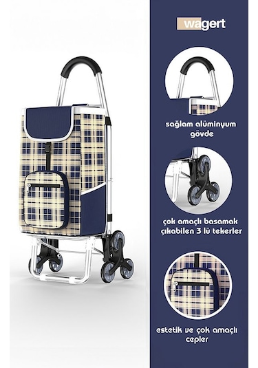 3 Tekerlekli Katlanır Desenli Alüminyum Pazar Arabası Su Geçirmez