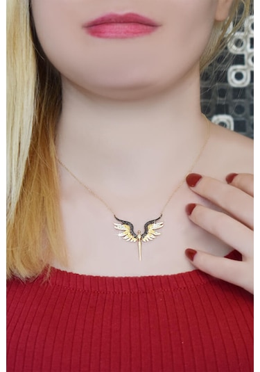 Lilarote Sarı Siyah Beyaz Taşlı Mikail Meleği Altın Kolye