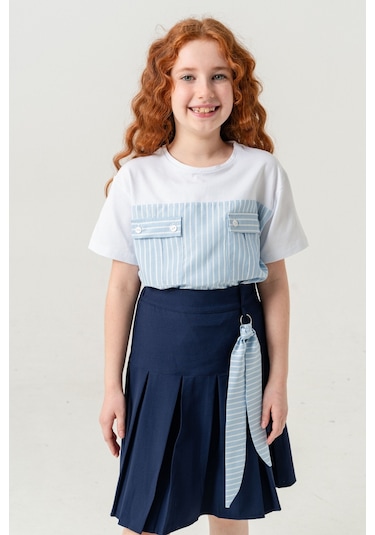 Kız Çocuk Pileli Keten Etek 2957 Lacivert