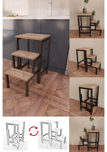 Hidden Folding Çok Amaçlı Katlanır Merdiven Çiçeklik Sehpa Siyah