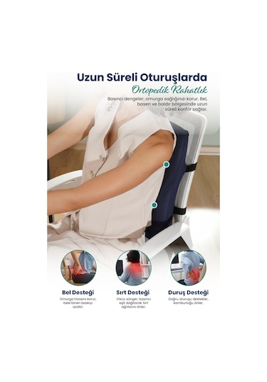 Anatomik Ortopedik Visco Bel Destek Yastığı Kilitli Sabitleme Lastiği, Ofis, Araba Lacivert