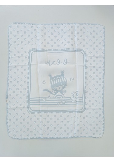 Triko Mavi Erkek Bebek Battaniyesi %100 Pamuklu Kedili Çok Amaçlı Bebek Arabası Örtüsü Oyun Matı Mavi