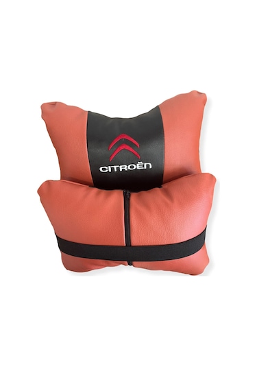 Citroen Nakışlı Ortopedik Lüks Araç Seyahat Deri Oto Boyun Yastığı İkili Kahverengi Oto Yastık Siyah