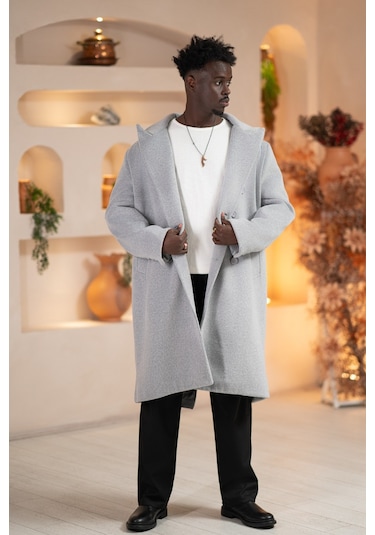 İtalyan Geniş Yaka Oversize Bol Kesim Salaş Uzun Kaban Gri