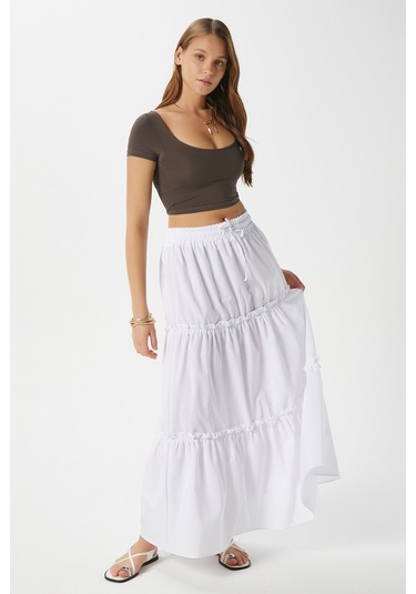 Kadın Elanora Beyaz Astarlı Katlı Poplin Etek Beyaz
