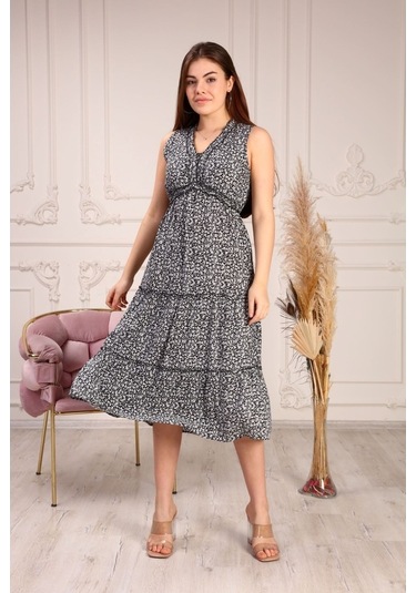 Aymeravm - Çiçek Desenli Yakası Fırfırlı Kadın Elbise - Hel74... (546205442)