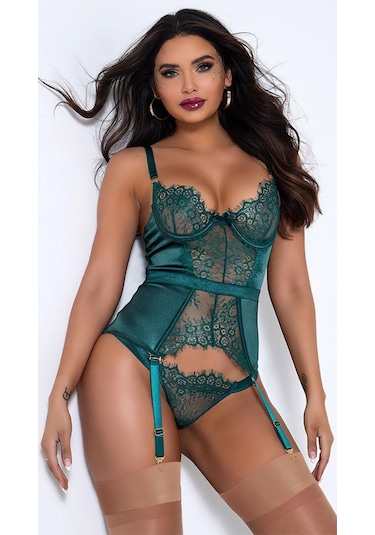 New Dreams Elegant Tasarım Dantelli Yeşil Jartiyer Gecelik Kombin Set Yeşil