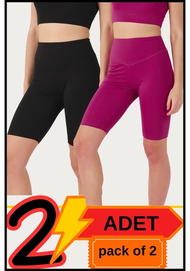 Kadın Yüksek Bel Toparlayıcı Kısa Siyah &mürdüm Şort Tayt 2'li Paket Lycralı Biker Shorts 21077 Siyah - Mürdüm