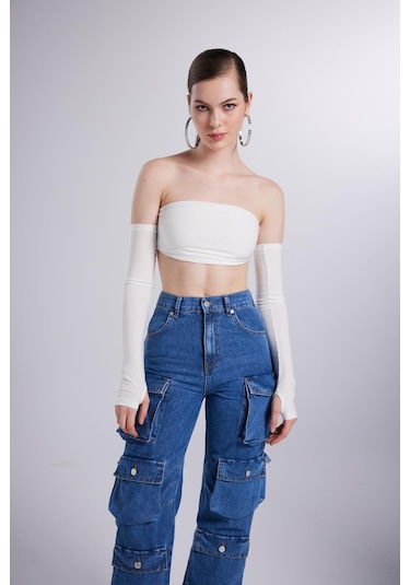 Holly Lolly Yüksek Bel Wide Leg Cargo Jean Pantolon Mavi