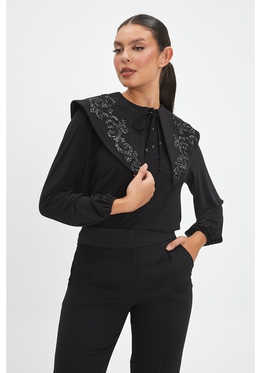 Parıltılı İşlemeli Zarif Yaka Tasarımlı, Balon Kollu Şık Bluz - Özel Günler Ve Günlük Kullanım İçin İdeal Siyah