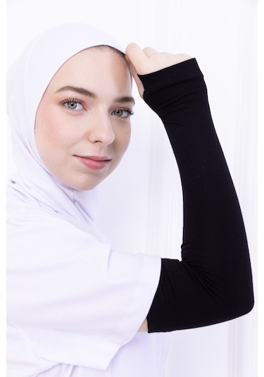 Parmak Geçmeli Likralı Kolluk Siyah - Kadın Tesettür Düz Namaz Kolluğu 1 Çift Viskon Hijab Siyah