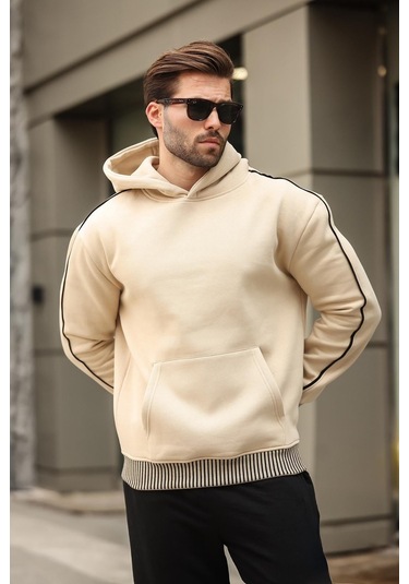 Madmext Bej Kapüşonlu Kanguru Cep Erkek Sweatshirt E7163 Bej