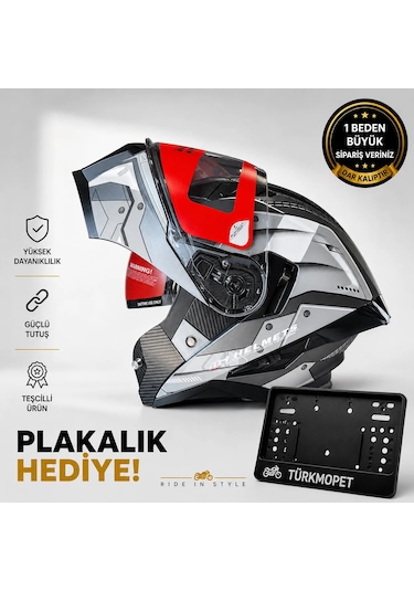 Mh Sports Çene Açılır Güneş Vizörlü Kask + Plakalık Karbon