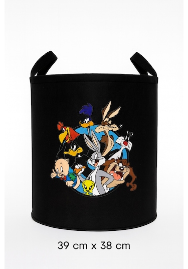 Keçe Oyuncak Sepeti Çizgi Film Desenli, Katlanabilir Kulplu, Çocuk Odası Düzenleyici 38x39 Siyah