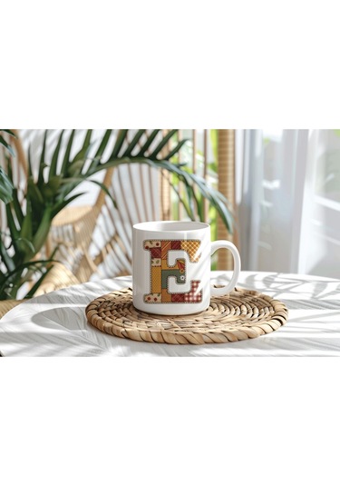 E Harfi Sonbahar Kış Temalı Yamalı Tasarım Kupa Bardak - Etnik Ve Pathwork Severlere Özel Hediye Beyaz