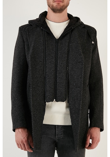 Buratti Çıkarılabilir Kapüşonlu Kırçıllı Slim Fit Kaşe Erkek Kaban 5841013 Antrasit Noktalı