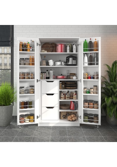 165 Derece Açılabilir 2 Kapaklı, 3 Çekmeceli, Kavanoz Raflı Kiler Ve Erzak Mutfak Dolabı Beyaz