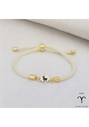 Archin Koç Burçlarına Özel Beyaz Örgülü Kalp Figürlü 14 Ayar Altın Plakalı Hediye Bileklik-478burç Koç