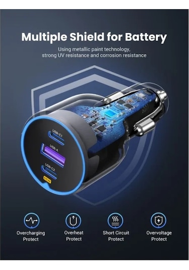 Ugreen 75w 3 Portlu Araç İçi Şarj Cihazı Çakmaklık Adaptörü, 35024