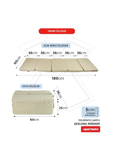 Xpermate Katlanır Şezlong Minderi Çantalı Cepli Foldpack 30x60x25