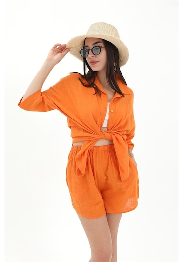 Pamuk Keten Şort Gömlek Kadın İkili Takım - Turuncu-turuncu Turuncu